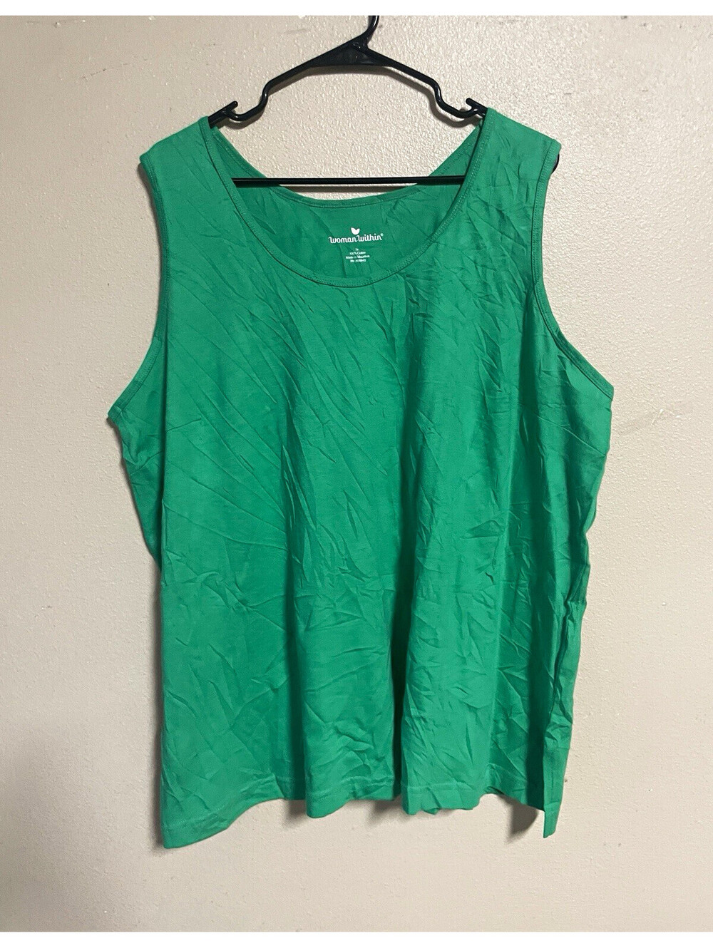 Woman Within 1X Green Cotton Knit Tank Top Sleeveless Scoop Neck Pullover